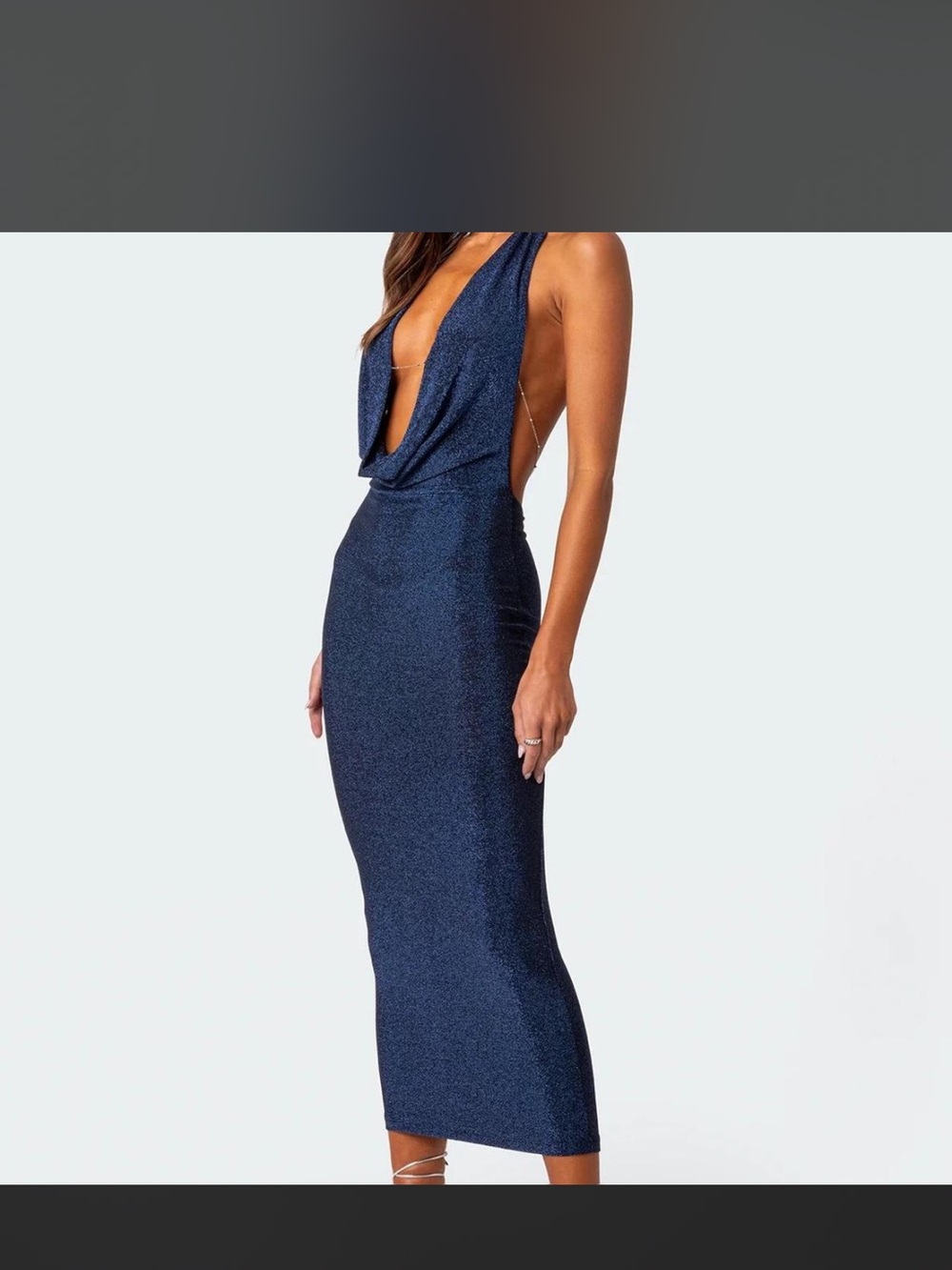 Edikted Navy Shimmer Cowl-Front Midi Dress